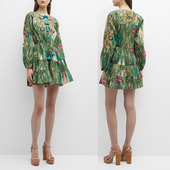 NEW Figue Josie Embroidered Short Bohemian Pom Pom Long Sleeve Green Mini Dress - Picture 2 of 10